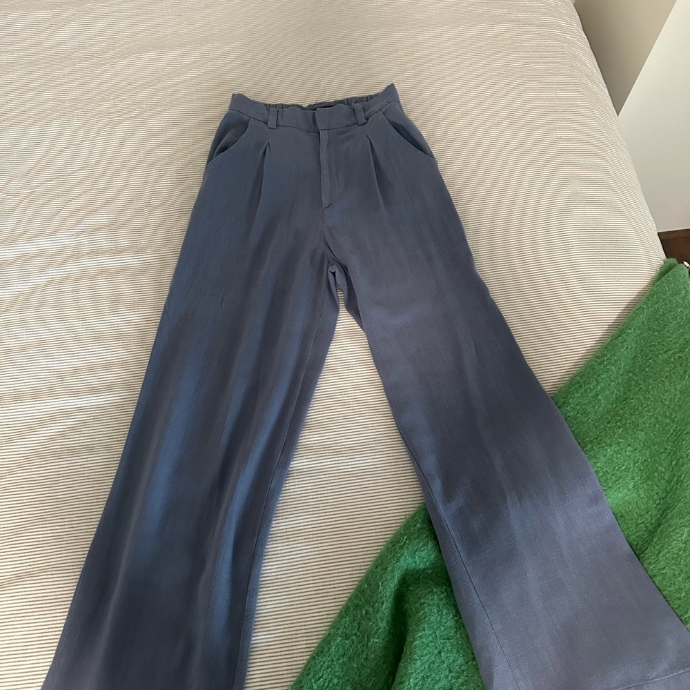 Blue Linen Wide Leg Trousers
